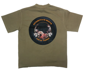 "Flower Tire" Oversized Raw Hem Tee - Khaki
